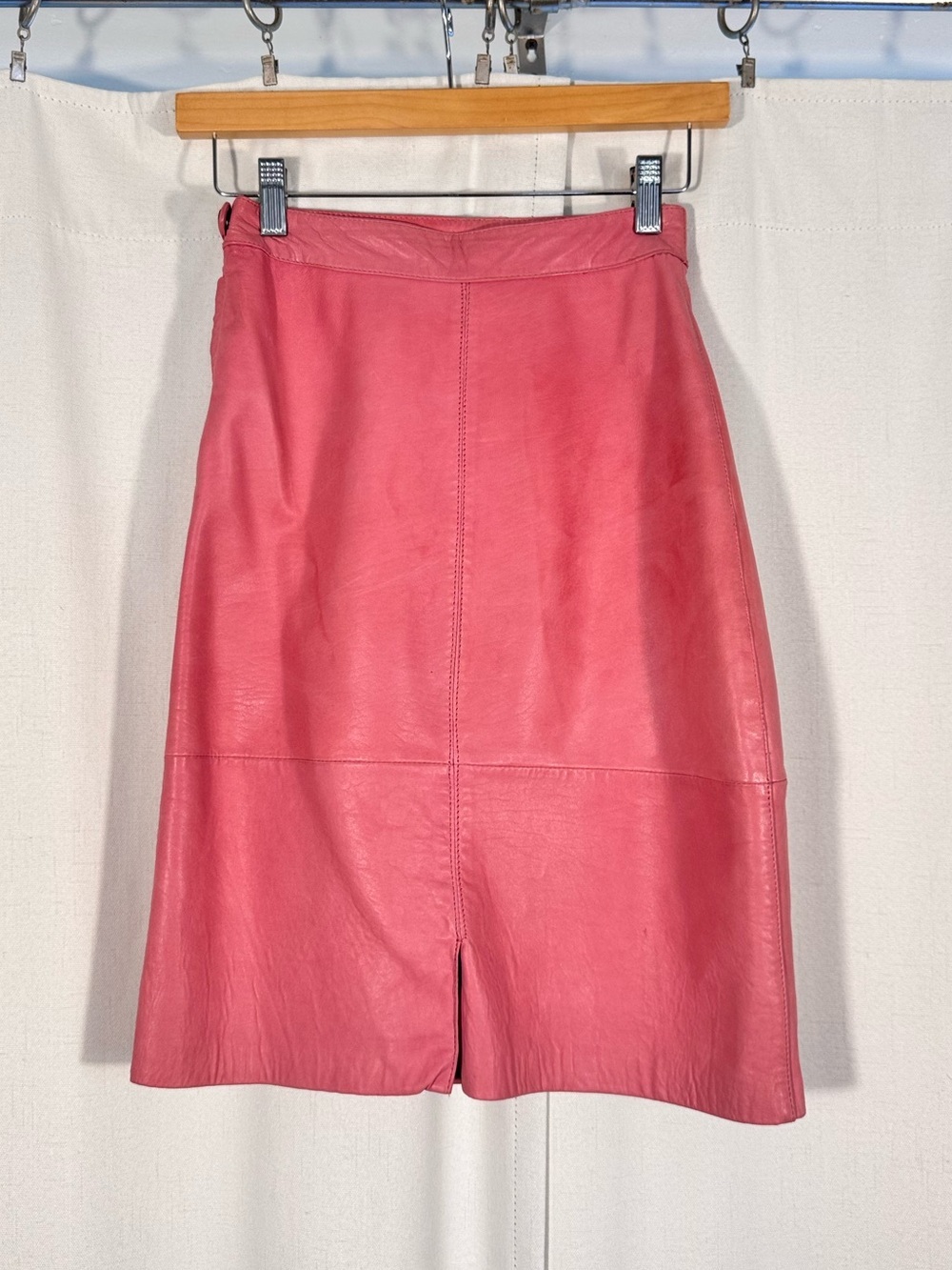 Vintage 80s Wendi O by Saxony Pink Leather Midi Skirt